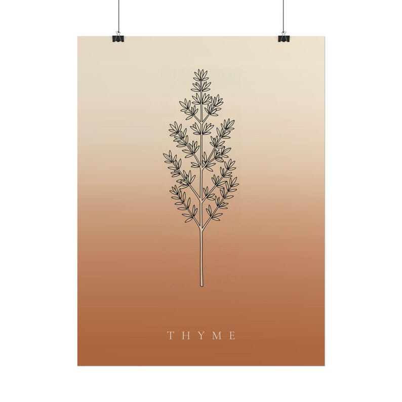 Op de afbeelding: Een verticale rechthoekige wandposter met een zwarte lijntekening van een takje tijm gecentreerd op een verloopachtergrond die verloopt van lichtcr&egrave;me aan de bovenkant naar warm terracotta oranje aan de onderkant met het woord THYME eronder.
