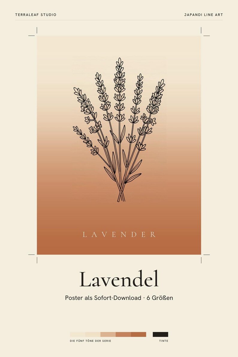 Lavendelafbeelding direct te downloaden, Japandi poster, botanische lijntekening, terracotta kunstprint, digitale muurdecoratie afbeelding 2