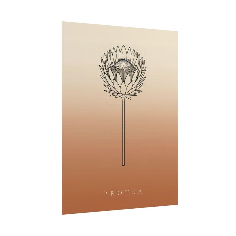 Pu&ograve; includere: Una stampa artistica da parete rettangolare con un disegno a linee nere di un singolo fiore di protea centrato su uno sfondo a gradiente verticale che sfuma da un crema chiaro in alto a un caldo arancione terracotta in basso con il testo PROTEA.