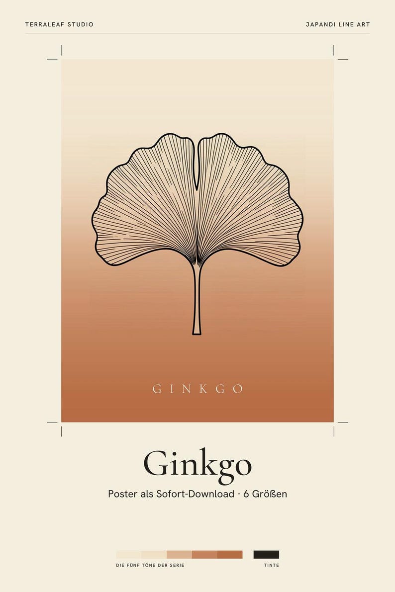 Ginkgo Poster – Minimalistische Line Art in Terrakotta, Japandi Wanddeko für Flur & Diele, Sofort Download Bild 2