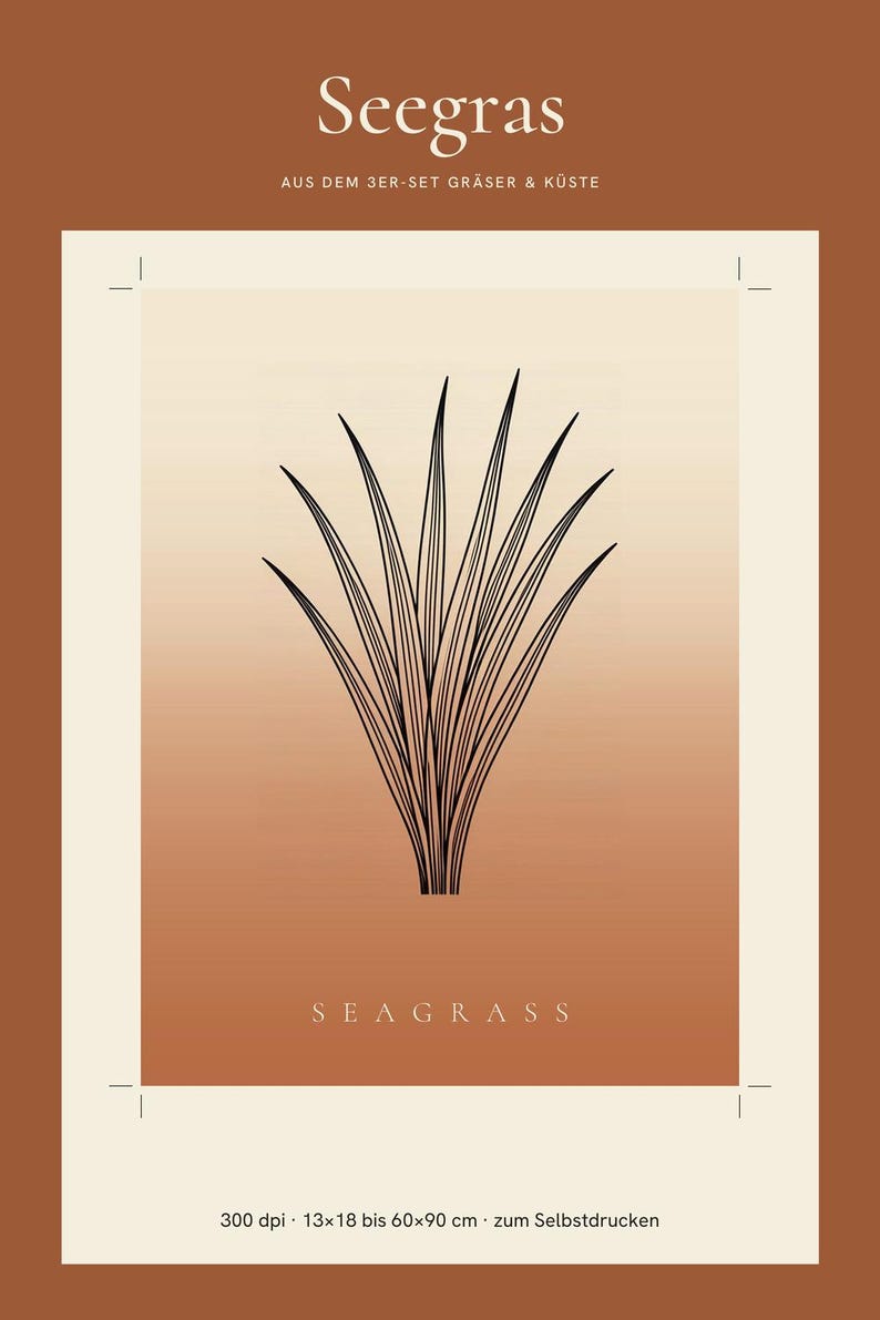 May include: A rectangular wall art print featuring a black line drawing of a seagrass plant centred on a gradient background transitioning from cream to terracotta. The text Seegras, AUS DEM 3ER-SET GR&Auml;SER & K&Uuml;STE, SEAGRASS, and 300 dpi 13x18 bis 60x90 cm zum Selbstdrucken is visible.