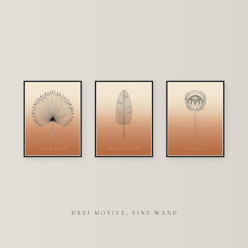 May include: A set of three framed wall art prints featuring black line drawings of a palm leaf, a banana leaf, and a protea flower. Each print has a gradient background transitioning from light beige to terracotta orange.
