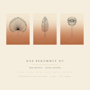 May include: Three rectangular prints featuring black line art of a palm leaf, a banana leaf, and a protea flower against a gradient background transitioning from cream to terracotta. Text includes "PALM LEAF," "BANANA LEAF," "PROTEA," and "DAS BEKOMMST DU."