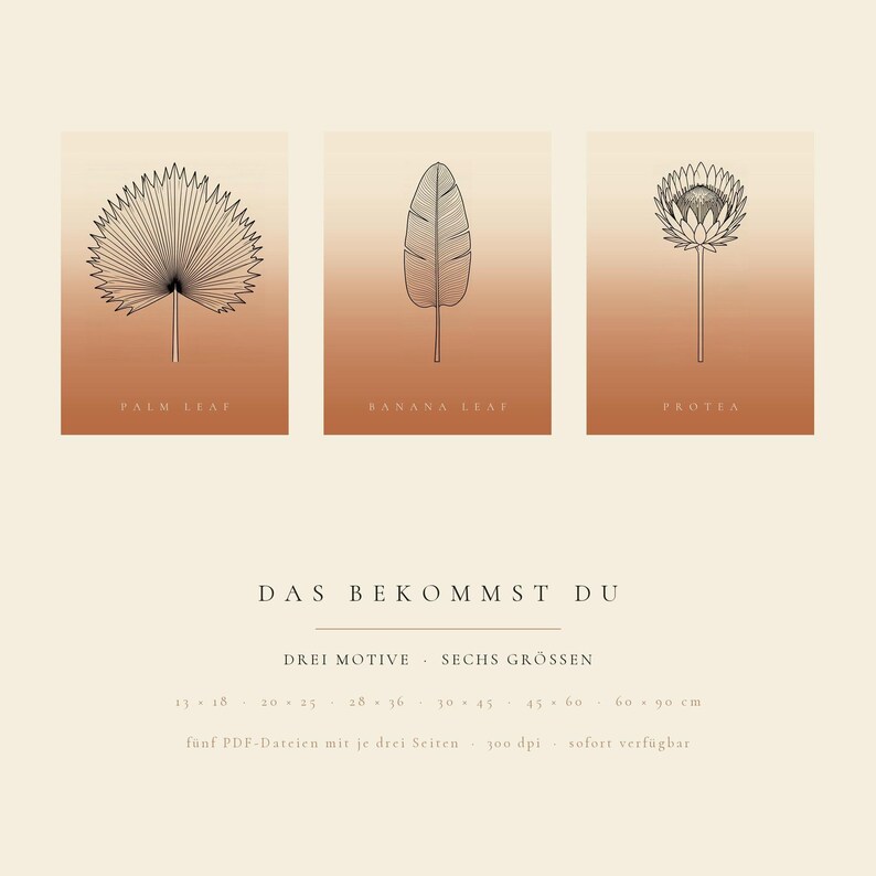 May include: Three rectangular prints featuring black line art of a palm leaf, a banana leaf, and a protea flower against a gradient background transitioning from cream to terracotta. Text includes "PALM LEAF," "BANANA LEAF," "PROTEA," and "DAS BEKOMMST DU."