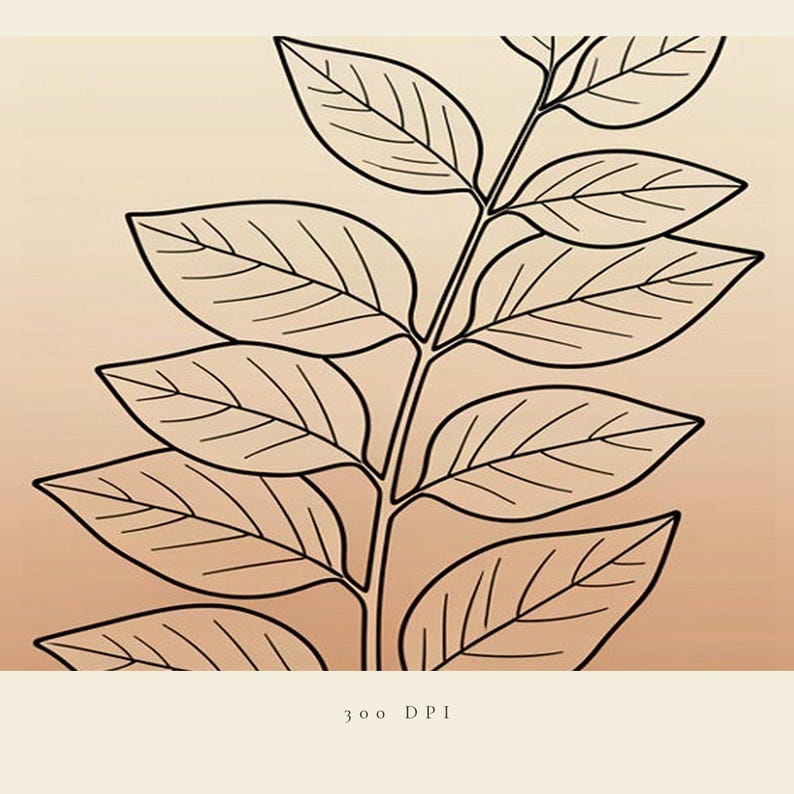 May include: A black line art illustration of a leafy branch featuring pointed, oval-shaped leaves arranged symmetrically along a central stem. The design is set against a smooth, light beige to tan gradient background with the text 300 DPI below.