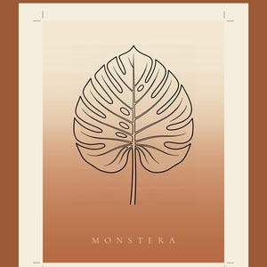 Monstera image instant download, Japandi poster, botanical line art, terracotta art print, digital wall art image 1