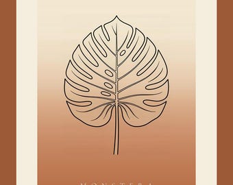 Monstera Bild Sofort-Download, Japandi Poster, Botanische Line Art, Kunstdruck Terrakotta, digitale Wandkunst