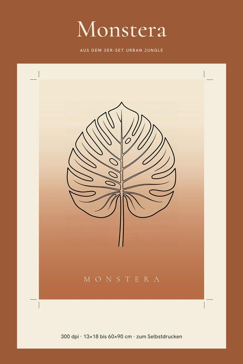 Monstera image instant download, Japandi poster, botanical line art, terracotta art print, digital wall art image 1
