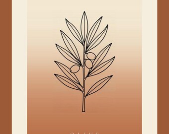 Afbeelding van een olijftak, direct te downloaden, Japandi poster, botanische lijntekening, terracotta kunstprint, digitale muurdecoratie