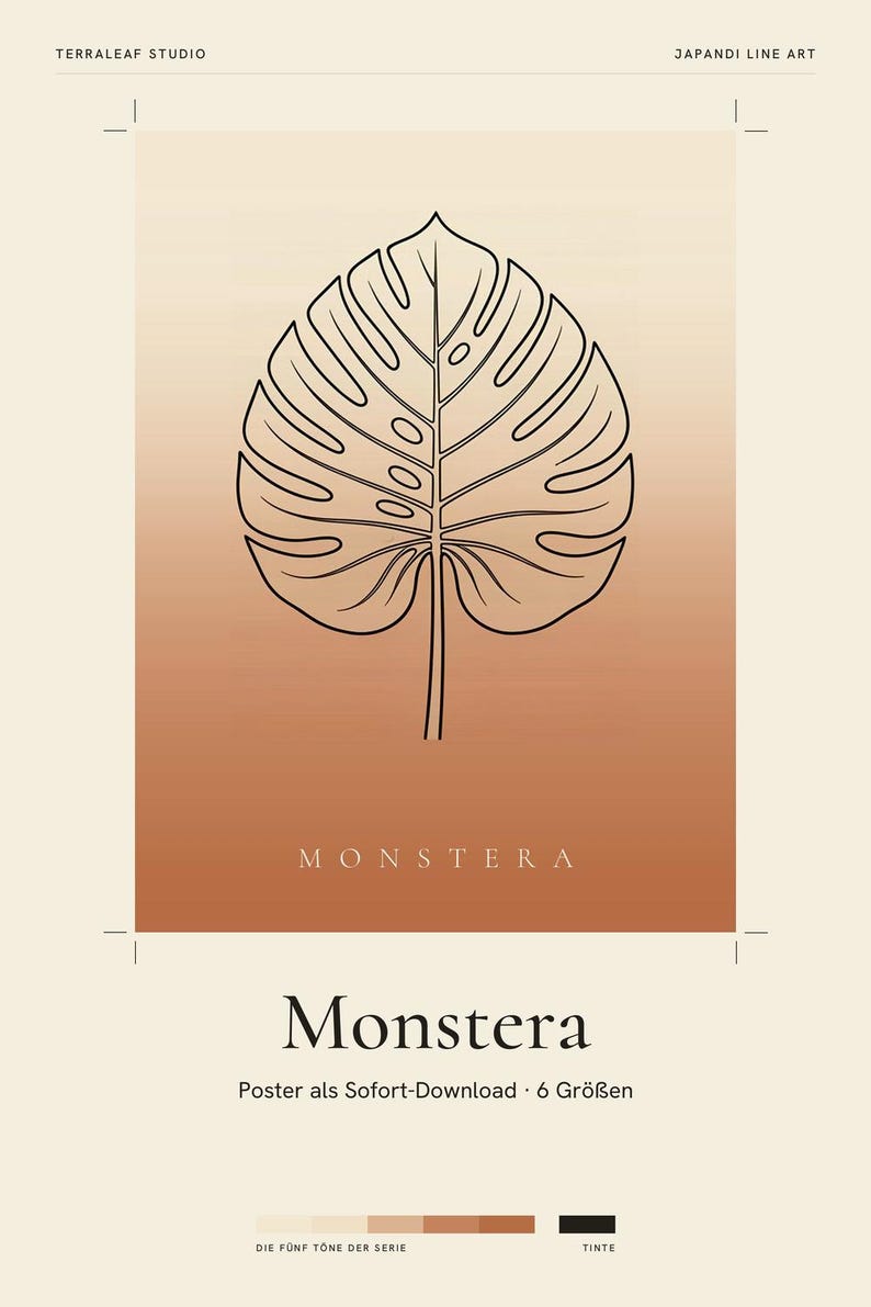 Monstera image instant download, Japandi poster, botanical line art, terracotta art print, digital wall art image 2