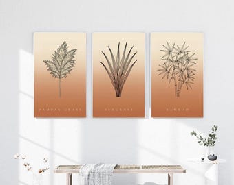 Op de afbeelding: Een set van drie rechthoekige wandposters met zwarte lijntekeningen van pampasgras, zeegras en bamboe op een verloopachtergrond die van lichtbeige aan de bovenkant naar een warm terracotta oranje aan de onderkant gaat.