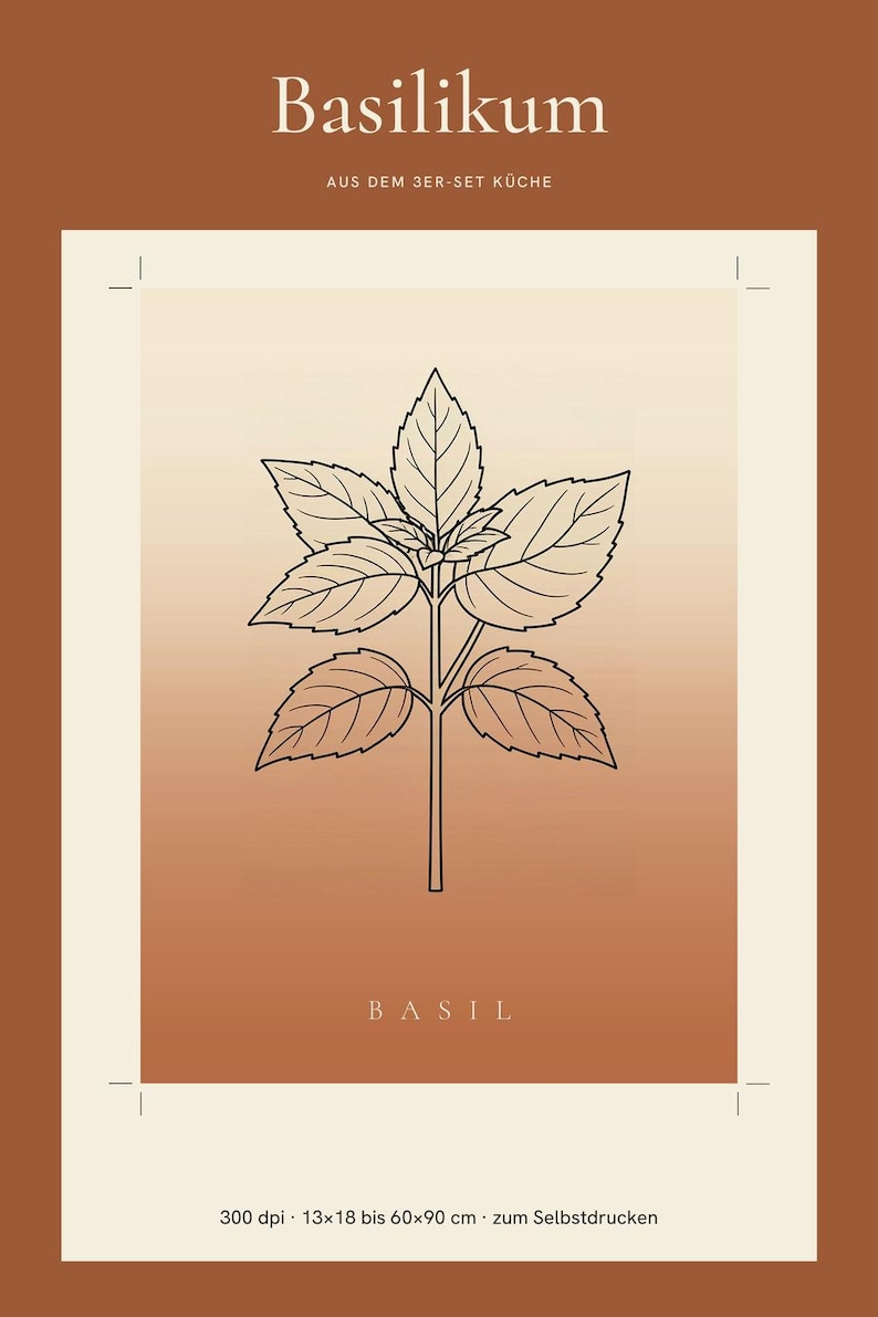 Basilikabild direktnedladdning, Japandi-affisch, botanisk linjekonst, terrakottakonsttryck, digital väggkonst bild 1