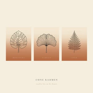 May include: A set of three rectangular wall art prints featuring black line drawings of a monstera leaf, a ginkgo leaf, and a fern leaf. Each print has a gradient background transitioning from cream to terracotta. Text includes MONSTERA, GINKGO, FERN, OHNE RAHMEN, and randlos bis an die Kante.