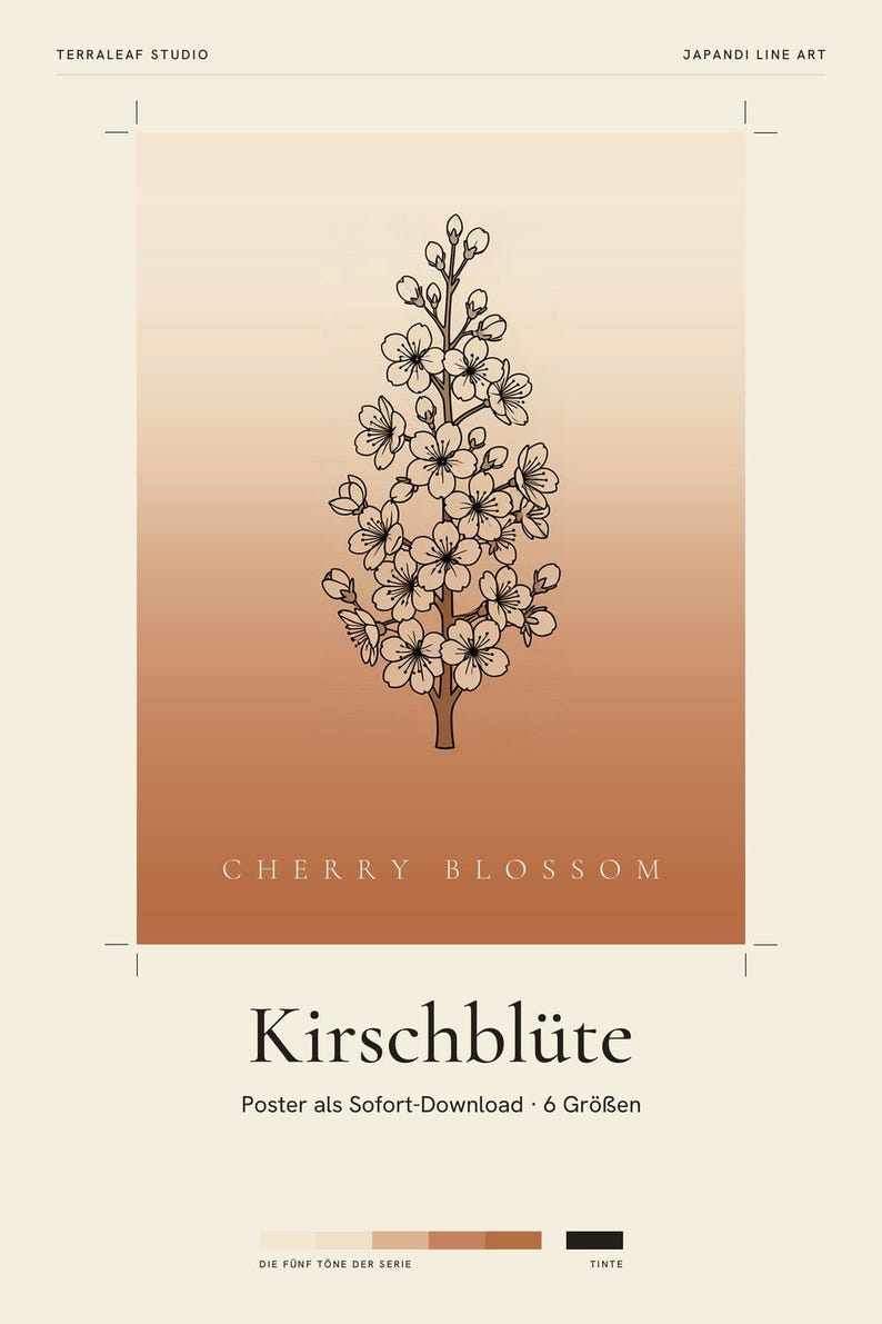 Obraz kwitnącej wiśni do pobrania natychmiast, plakat w stylu japońskim, grafika liniowa z motywem botanicznym, wydruk artystyczny z terakoty, cyfrowa sztuka ścienna zdjęcie 2