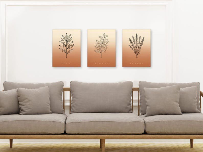 Mediterranean Poster Set of 3 Instant Download, Fragrant Branches Picture Set, Olive Branch Eucalyptus Lavender, Japandi Line Art Terracotta image 6