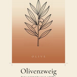 Może przedstawiać: Cyfrowy plakat z czarną grafiką liniową gałązki oliwnej wyśrodkowaną na pionowym tle z gradientem przechodzącym od kremowego do terakoty. Tekst zawiera napisy Terraleaf Studio, Japandi Line Art, Olive, Olivenzweig, Poster als Sofort-Download, 6 Gr&ouml;&szlig;en, Die f&uuml;nf T&ouml;ne der Serie oraz Tinte.