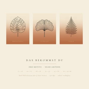 May include: Three rectangular wall art prints featuring black line drawings of a monstera leaf, a ginkgo leaf, and a fern leaf against a gradient terracotta background. Text includes the plant names and digital file information in German.