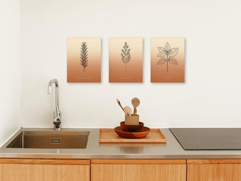 Set van 3 kruidenposters – Wanddecoratie voor keuken en eetkamer, rozemarijn, tijm, basilicum, Japanse lijntekening, direct te downloaden afbeelding 6