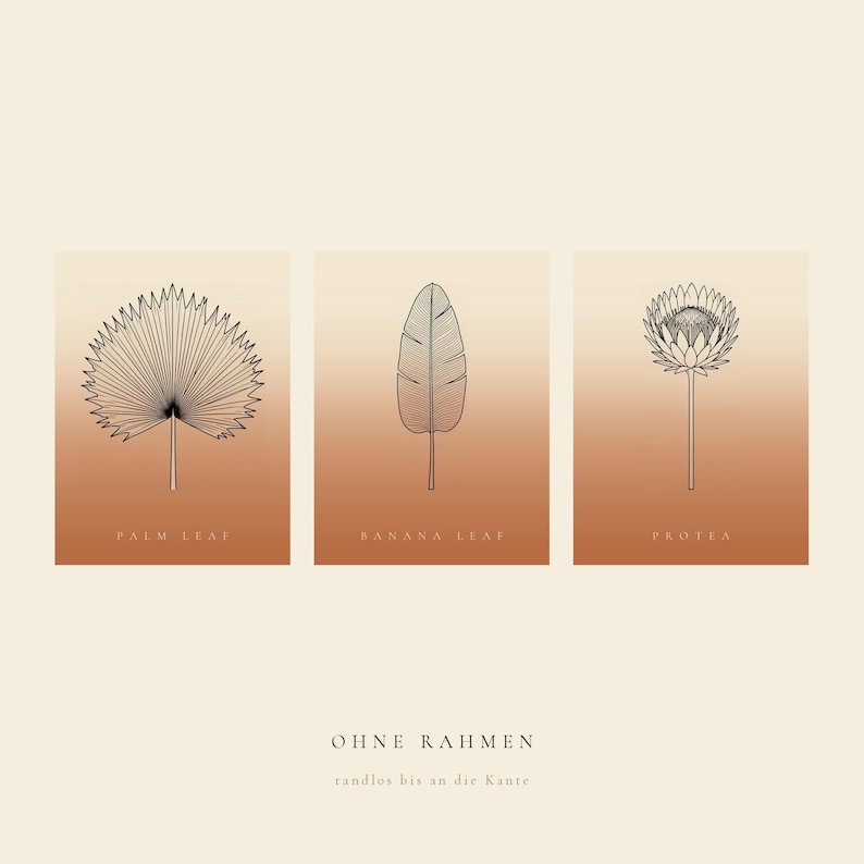 May include: Three rectangular wall art prints featuring black line drawings of a palm leaf, a banana leaf, and a protea flower against a gradient background transitioning from cream to terracotta. Text labels include PALM LEAF, BANANA LEAF, PROTEA, and OHNE RAHMEN.