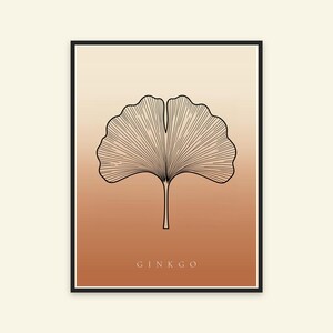 K&ouml;nnte beinhalten: Ein gerahmter Wandkunstdruck mit einer schwarzen Strichzeichnung eines Ginkgoblattes, zentriert auf einem vertikalen Farbverlaufshintergrund, der von hellem Creme oben zu warmem Terrakotta-Orange unten &uuml;bergeht, mit dem Text GINKGO darunter.