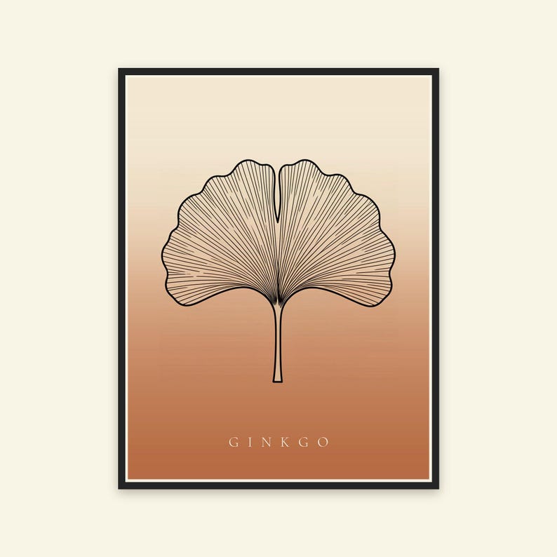 K&ouml;nnte beinhalten: Ein gerahmter Wandkunstdruck mit einer schwarzen Strichzeichnung eines Ginkgoblattes, zentriert auf einem vertikalen Farbverlaufshintergrund, der von hellem Creme oben zu warmem Terrakotta-Orange unten &uuml;bergeht, mit dem Text GINKGO darunter.