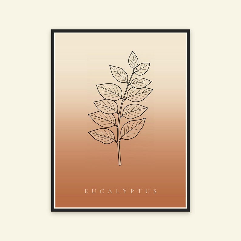 May include: A framed wall art print featuring a black line drawing of a eucalyptus branch centered on a vertical gradient background that transitions from a light cream at the top to a warm terracotta orange at the bottom with the text EUCALYPTUS.