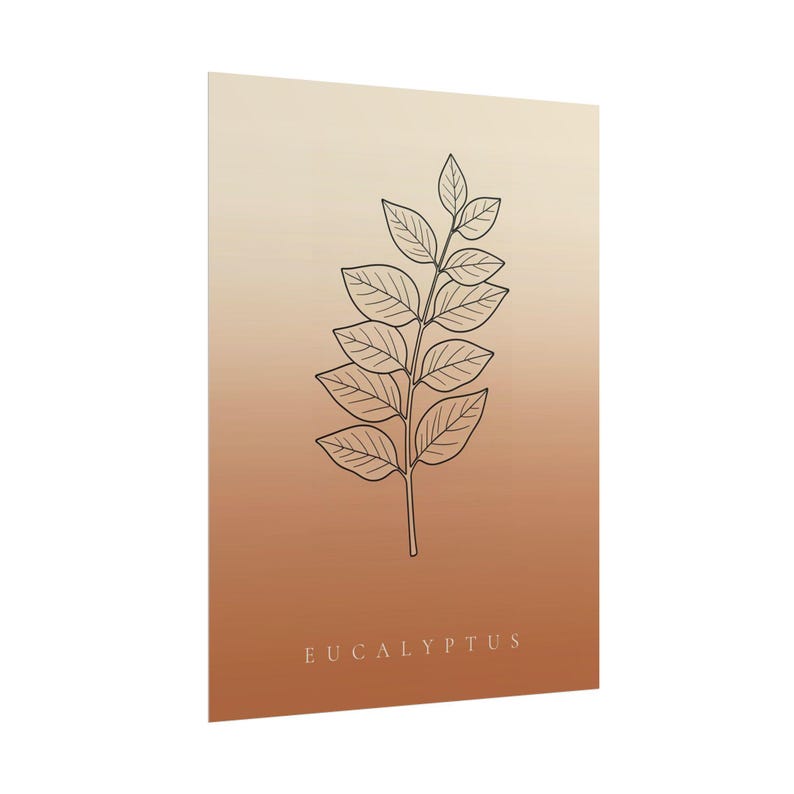 May include: A rectangular wall art print featuring a vertical gradient background transitioning from light cream at the top to a warm terracotta orange at the bottom. A black line art illustration of a eucalyptus branch is centered with the text EUCALYPTUS.
