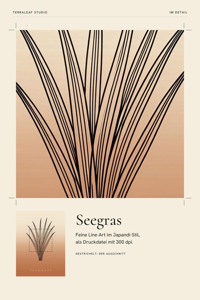 May include: A digital art print featuring black line-art of seagrass blades against a beige to light brown gradient background. The text reads TERRALEAF STUDIO, IM DETAIL, Seegras, Feine Line-Art im Japandi-Stil, als Druckdatei mit 300 dpi, GESTRICHELT: DER AUSSCHNITT, and SEAGRASS.