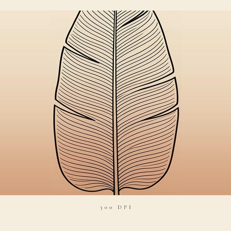 May include: A digital illustration of a large, stylized leaf with bold black outlines and fine internal veins. The leaf is centered against a soft, gradient beige background. The text 300 DPI is printed in small black letters at the bottom center.