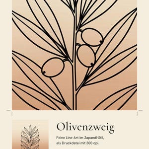 Może przedstawiać: Cyfrowy wydruk artystyczny przedstawiający czarną grafikę liniową gałązki oliwnej z liśćmi i trzema oliwkami na beżowo-brązowym tle z gradientem. Tekst zawiera napisy Terraleaf Studio, Im Detail, Olivenzweig, Feine Line-Art im Japandi-Stil, als Druckdatei mit 300 dpi, GESTRICHELT: DER AUSSCHNITT oraz Olive.