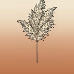 Op de afbeelding: Een zwarte lijntekening van een stengel pampasgras met gevederde pluimen, gecentreerd op een gradi&euml;ntachtergrond die verloopt van lichtbeige naar warm terracotta-oranje, met de tekst PAMPAS GRASS onderaan de afbeelding weergegeven.
