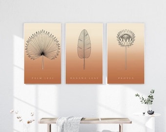 Tropical Poster Set of 3 Instant Download, Jungle Picture Set, Palm Leaf Banana Leaf Protea, Japandi Line Art Terracotta