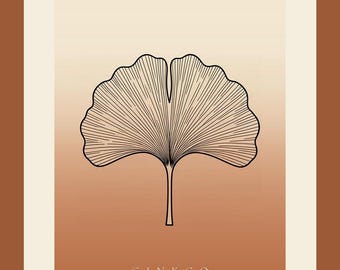Ginkgo poster – Minimalistische lijntekening in terracotta, Japandi wanddecoratie voor hal en entree, direct te downloaden