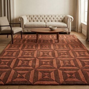 Terracotta Brown Geometric Wool RugHand Tufted Op Art Tile Area Rug Rust Diamond Pattern Rug Mid Century Living Room Rug retro geometric rug
