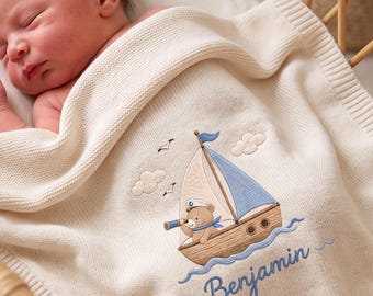 Copertina per neonato personalizzata con nome ricamato a tema marinaio, copertina per neonato personalizzata con barca a vela e tema oceanico, copertina nautica ricordo per neonato, regalo per neonato