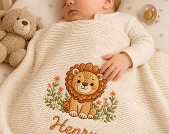 Personalized Embroidered Lion Floral Baby Blanket,Custom Name Knit Baby Blanket,Lion Woodland Baby Keepsake,Welcome Baby Blanket,Baby Gift