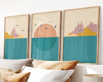 Impression numérique Boho Sun Trio Couleurs pastel Soleil et vagues et montagnes Affiche imprimable d'art numérique Boho affiches du milieu du siècle art imprimable