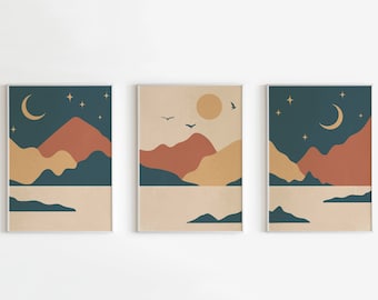 Digital Print Boho Trio Sun and Moon and mountains Night and Day Boho Digital printable poster Boho mid century trio posters printable art