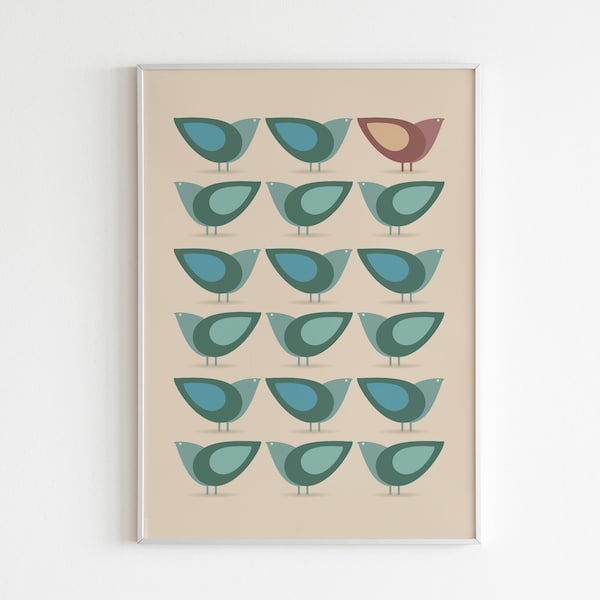 Digital print Birds Poster Mid Century design inspired Birds Illustration Print Art Poster in Green and Blue Cathrineholm digital poster