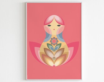 Digital print MATRIOSKA doll Illustration Poster from Russia with LOVE mid century style illustration Russia poster in pink matrioska poster