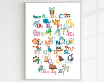 Digital print Nursery Baby Poster Animals Typography and Illustration Cute baby Animals illustrated ABC print nursery art Digital poster art