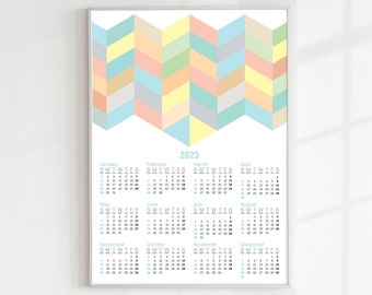 Digital print 2023 Calendar chevron pattern retro Poster Print Calendar in pastel colors with chevron pattern 2023 calendar printable art