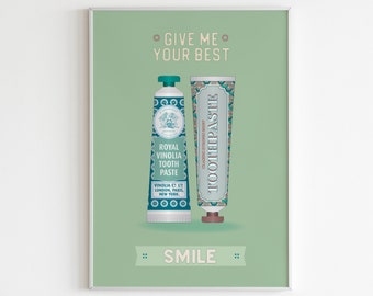 Digital Art Vintage bathroom Illustration Art Poster in Mint Green GIVE Me your BEST SMILE bathroom mid century digital wall art print