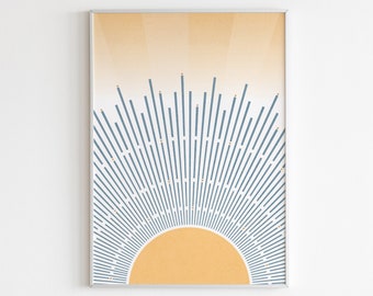 May include: Abstract art print featuring a stylized sun with blue and yellow rays on a light yellow background.