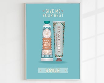 Digital Poster Bathroom vintage mid century decoration Typography Illustration Art Poster in Blue GIVE Me your BEST SMILE digital art poster