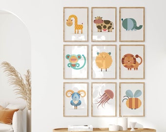 Ensemble de 9 tirages numériques bébé animaux enfants chambre décor pépinière imprimer bébé affiches art imprimable ensemble de 9 affiches animaux dans des couleurs pastel art