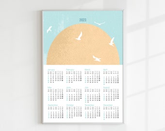 Digital print 2023 Calendar with boho sun and pastel colors and birds Calendar 2023 calendar printable wall art digital calendar print art