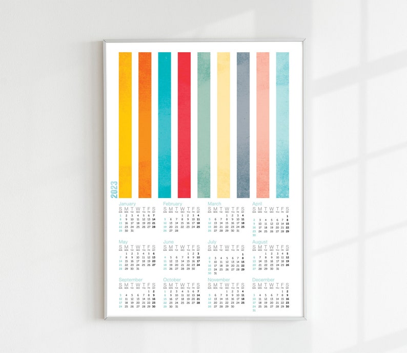 Digital print Calendar 2023 Stripes grunge textures color retro Poster Print Calendar bright colors 2023 Calendar printable wall art digital image 1