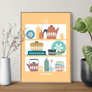 Digital print Cathrineholm Mid Century Modern shelves Cathrineholm enamelware Poster Kitchen wall art YELLOW background mid century kitchen image 7