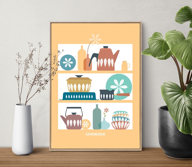 Digital print Cathrineholm Mid Century Modern shelves Cathrineholm enamelware Poster Kitchen wall art YELLOW background mid century kitchen image 7